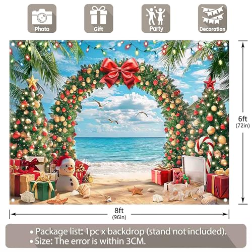 8x6ft Fabric Christmas Beach Backdrop Summer Xmas Tree Snowman Arch Seagull Tropical Hawaiian Photography Background Family Holiday Party Decor Photo Props - size: 8'x6'
