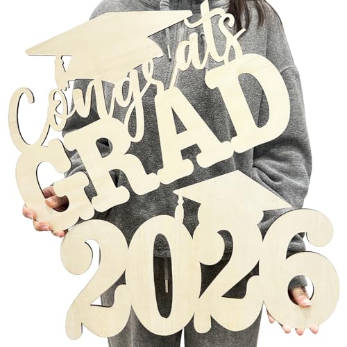2Pcs Class of 2026 Wood Signs Graduation Decorations 2026 Wooden Sign Congrats Grad Photo Booth Props for Graduation Party Decoration Wood Cutout High College School Party Supplies