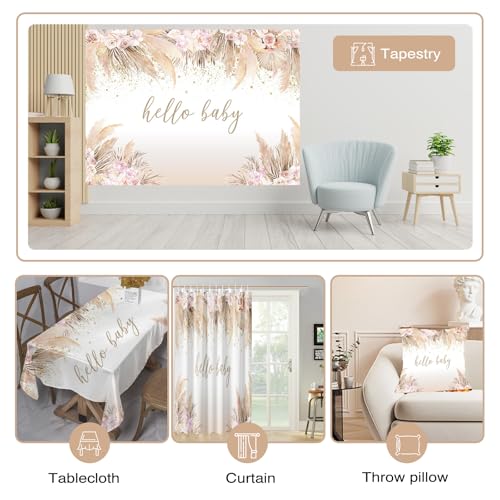 Mocsicka 7x5ft Boho Baby Shower Backdrop Hello Baby Boy Girl Shower Backdrop Decorations Party Banner Pampas Grass Boho Chic Pink Flowers Background Decorations Photo Booth Props - size: 7x5ft