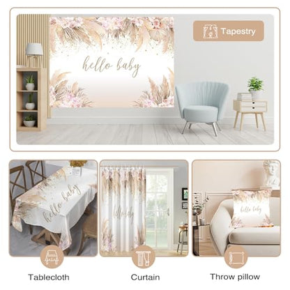 Mocsicka 7x5ft Boho Baby Shower Backdrop Hello Baby Boy Girl Shower Backdrop Decorations Party Banner Pampas Grass Boho Chic Pink Flowers Background Decorations Photo Booth Props - size: 7x5ft