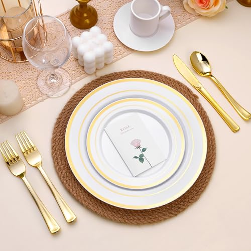 BESTSTAR 100PCS White Plastic Plates for Party, 10.25 Inch Disposable Plates with Gold Rim, Heavy Duty Dinner Plates for Party, Wedding and Birthday - color: White Gold, size: 10.25 inch