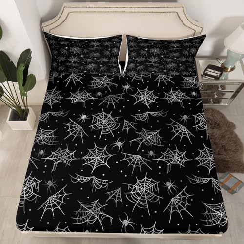 Feelyou Happy Halloween Bed Sheets Set Twin Size Black Gray Cobweb Deep Pocket Fitted Sheet Spider Bedding Sets Soft Bed Set 3Pcs with 1 Pillow Cases - color: Black and Gray, size: Twin