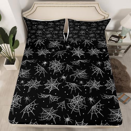 Feelyou Happy Halloween Bed Sheets Set Twin Size Black Gray Cobweb Deep Pocket Fitted Sheet Spider Bedding Sets Soft Bed Set 3Pcs with 1 Pillow Cases - color: Black and Gray, size: Twin