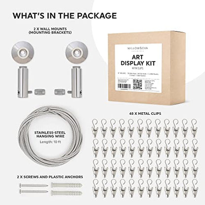 Art Display for Kids Artwork - 10ft Alloy Steel Wire with 48 Clips | Willow & Eva