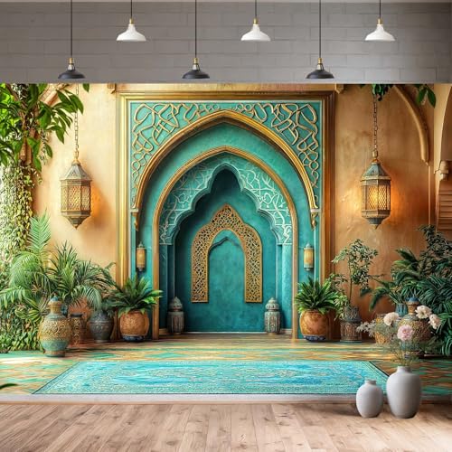 6X4ft DYNH Arabian Moroccan Nights Party Backdrop, Morocco Palace Arch Architecture Middle Eastern Teal Luxurious Backdrop for Moroccan Wedding Birthday Party Background Decorations Photo Studio Props - color: Turquoise1, size: 6 x 4 ft