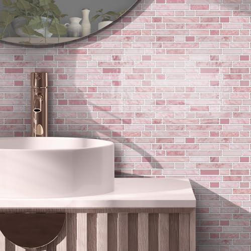 VICCI 12-Sheet Peel & Stick Tile Backsplash 12" x 12" Stick-On Wall Tiles Decals for Kitchen Bathroom & Laundry Room,Pink,Textured Style - color: Spt-106, size: 12 x 12 inch (3D Textured style)