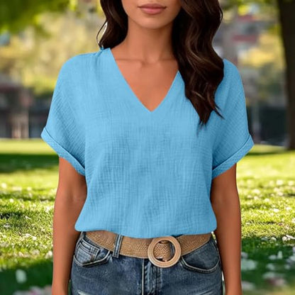 Womens Shirts Cotton Linen v Neck Short Sleeve Blouses Casual Loose Fit Textured Summer Pullovers Daily Wear - color: A01-light Blue, size: Small