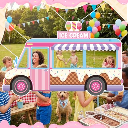 Haull Ice Cream Birthday Truck Photo Prop Ice Cream Frame Decoration Large Fabric Backdrop Banner Carnival Themed Photo Booth Prop Background for Summer Holiday Baby Shower Birthday Party - style: Ice Cream
