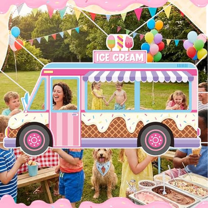 Haull Ice Cream Birthday Truck Photo Prop Ice Cream Frame Decoration Large Fabric Backdrop Banner Carnival Themed Photo Booth Prop Background for Summer Holiday Baby Shower Birthday Party - style: Ice Cream