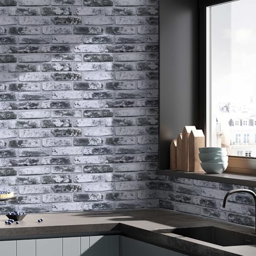 COMSTICKC 3D Gray Faux Brick Wall Panel, Peel and Stick Wall Covering, 12 Pcs of 22.8" x 11.8", Not Real Brick, UrltraLight PVC Self Adhesive Brick Decorative Tile,Paintable,Covers 22.48 sq.ft - color: Waterwash Brick