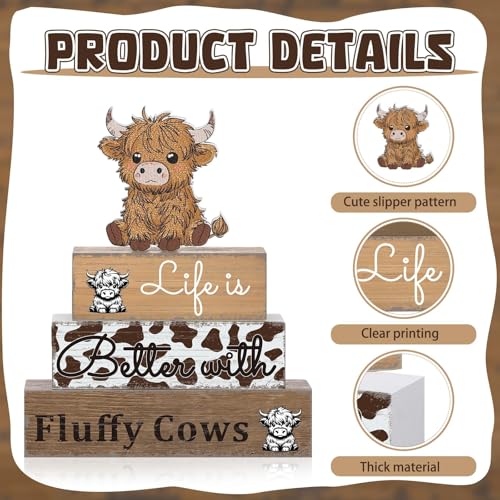 Geelin 4 Pcs Highland Cow Table Decorations Cow Wooden Signs Rustic Tiered Tray Decor Western Tabletop Centerpieces Farmhouse Highland Decor for Home Desk Room Kitchen Shelf - style: Cattle