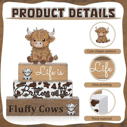 Geelin 4 Pcs Highland Cow Table Decorations Cow Wooden Signs Rustic Tiered Tray Decor Western Tabletop Centerpieces Farmhouse Highland Decor for Home Desk Room Kitchen Shelf - style: Cattle