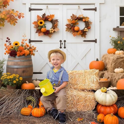 Fall Backdrop 10x8ft White Barn Door with Wreaths Yellow Flowers Leaves Pumpkins Thanksgiving Fall Backdrops for Photography Background Rustic Friendsgiving Party Decorations Photo Booth Props - color: White, size: 10x8ft