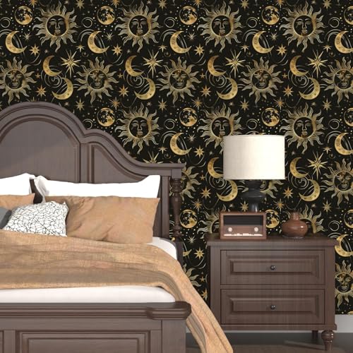 Laatse Black Peel and Stick Removable Vintage Wallpaper Gold Celestial Sun Moon Star Contact Paper 17.5" x 118" Dark Boho Mural Waterproof for Wall Bedroom Kitchen Bathroom Cabinet Room Decor - color: Gold moon, size: 17.5" x 118"