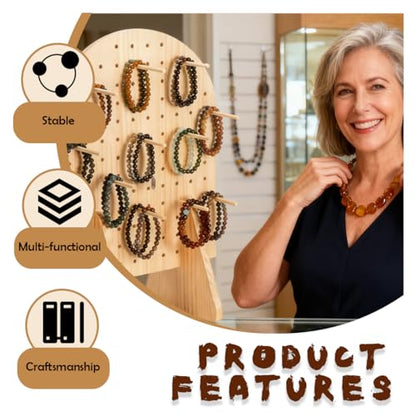 2 Pcs Wooden Pegboard Display Stand for Jewelry Keychains 25 Dowel Rods Accessories Rack, Earrings Organizer with Oval Pegboard Design for Craft Shows,Boutique Retail,Vendor Displays