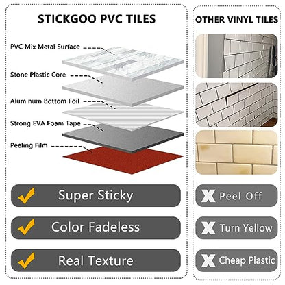 STICKGOO 20 Sheets Peel and Stick Backsplash Tile, Stick on Backsplash for Kitchen and Bathroom, Volakas White Look PVC Mixed Metal Silver Self Adhesive Wall Tiles - color: Volakas White + Metal Silver