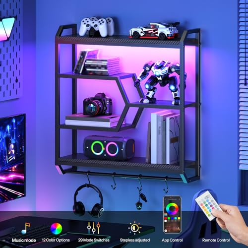 HOOBRO Gaming Floating Shelf with LED Lights, 27.5" LED Wall Mounted Shelf with Hanging Rod & 4 S-Hooks, 4-Tier Hanging Display Rack, for Living Room, Gaming Room, Black BB71DBJ01 - color: Black