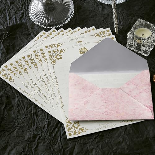 48 Pcs Stationery Set with Envelopes (24 White Kraft Paper Sheets +12 Marble Texture Envelopes+12+Wax Seal Stickers), Premium Stationery Letter Writing Paper Set for Party Invitations (Pink) - color: Pink