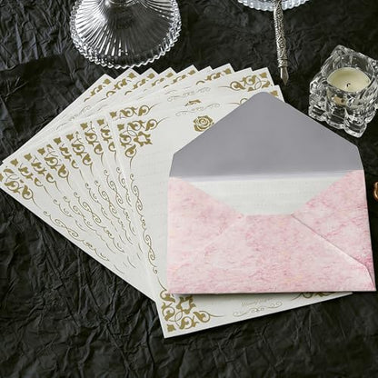 48 Pcs Stationery Set with Envelopes (24 White Kraft Paper Sheets +12 Marble Texture Envelopes+12+Wax Seal Stickers), Premium Stationery Letter Writing Paper Set for Party Invitations (Pink) - color: Pink
