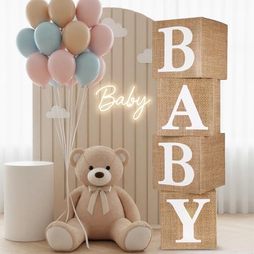 RUBFAC Burlap Print Baby Boxes with Letters for Baby Shower, 4pcs Rustic Farmhouse Style Boho Balloon Boxes with Burlap Grain for Birthday Gender Reveal Decoration Backdrop Photo Props - color: Burlap Printed