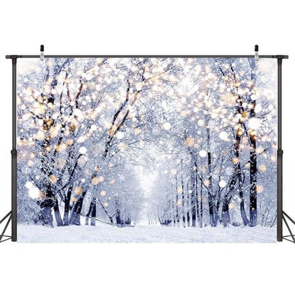 Winter Scene Backdrops 8x6 FT Wonderland Snowflake Photography Background Bokeh Glitter White Snow Forest Christmas Party Backdrop Dec Tree Landscape Kids Photobooth Photo Studio Props - color: White-Road, size: 8x6 FT