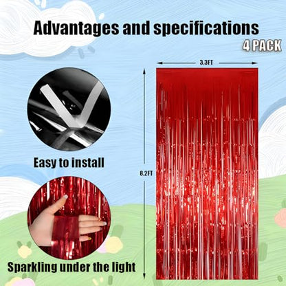 Valentines Day 4 Pack 3.3 * 8.3 ft Foil Curtain Metallic Tinsel Fringe Curtains Photo Booth Props Backdrop for Birthday Wedding Engagement Baby Shower Christmas Holiday Celebration Partyl,Red - color: Red, size: 4 Pack
