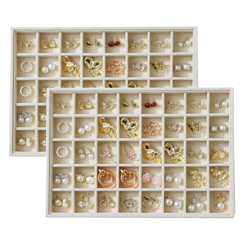 Large Velvet Jewelry Tray 2 Pack Stackable Jewelry Display Drawer Inserts Trays Organizer for Earring Bracelet Necklace Ring (Beige, 40 Grids) - color: Beige, size: 40 Grids