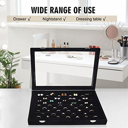 Siveit Rings Organizer Tray 10 Slots Velvet Ring Display Tray Insert Jewelry Earring Storage Box with Transparent Glass lid Can Hold 100 Rings Earrings Suitable for Girls and Women (Black) - color: Black