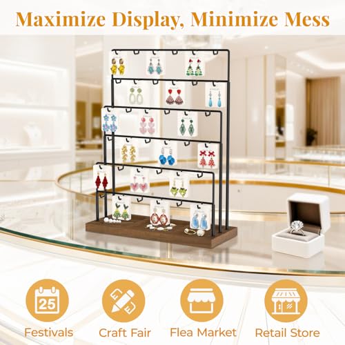 EsLuker.ly Earring Card Display Stand for Vendors Events Selling, Earring Holder Rack Metal 6 Tier 36 Hooks with Wooden Base, Large Capacity Showcase Your Jewelry at Any Event, Black - color: Dark Brown+Black