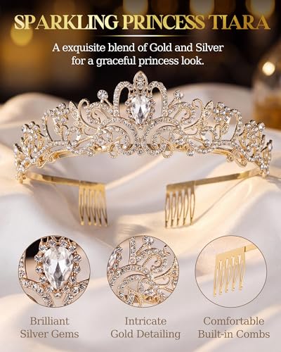 Princess Tiara Crown with Satin Gloves Set Crystal Headpiece for Graduation Prom and Party Photo Props - color: Gold, style: A