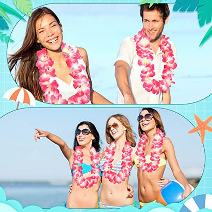 Sherr 24 Pcs LED Leis Light Up Wedding Hawaiian Leis Flower Necklace with LED Lights Beach Tropical Carnival Party Wedding Supplies Luau for Masquerade - color: Pink