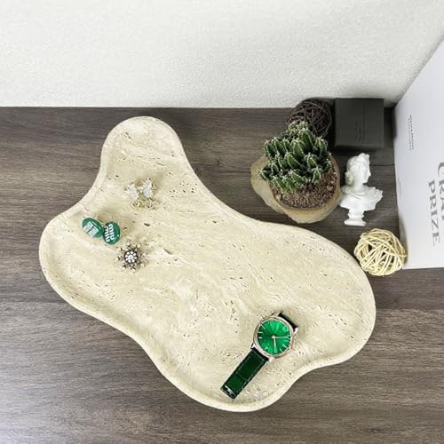 Cloud Shape 100% Natural Travertine Tray Luxury Travertine Vanity Organizer for Bathroom Kitchen Counter, Decorative Tray for Dresser Home Décor, 13.3x8.3x0.7 inches - color: Beige (Slightly White)