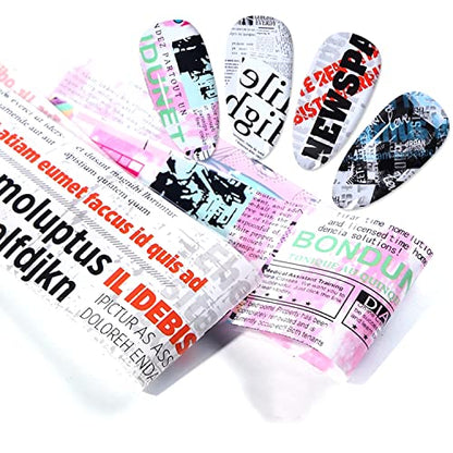 Newspaper Nail Foil Transfer Stickers English Letter Designs Nail Decals Supplies Set Acrylic Nails Sticker Decorations for Nail Transfer Glue Polish, Women DIY Manicure Accessories Set 10Sheets - style: Newparpe