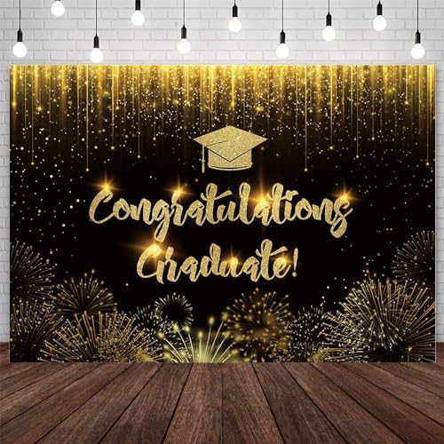 AIBIIN 7x5ft Congratulation Graduate Backdrop Congrats Class of 2026 Graduation Photography Background Black Gold Bokeh Gliter Fierworks Congrats Grad Party Decorations Banner Photo Studio Props - color: Black Gold, size: 7x5ft