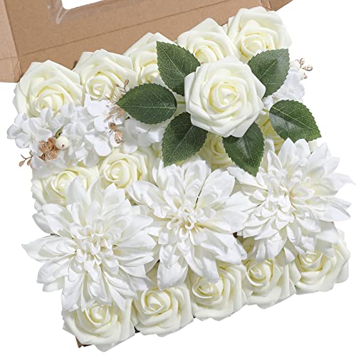 rongflower Artificial Flowers Combo Box Set Gradient Color Flower Leaf with Stems for DIY Wedding Bouquets Centerpieces Baby Shower Party Home Decor (White) - color: White