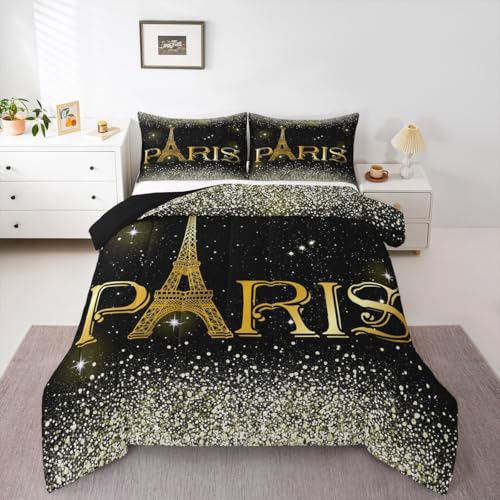 Erosebridal 3 Pcs Eiffel Tower Comforter Set,City Building of Paris Quilted Comforter King Size,Gold Yellow Ombre Glitter Bedding Set with 2 Pillow Cases - color: Multi 30, size: King
