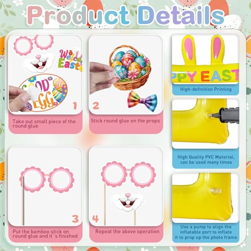 Happy Easter Inflatable Photo Frame & Props Set, 30Pcs Easter Photo Props with Giant Inflatable Picture Frame for Easterday Party Selfie Supplies - color: Easter