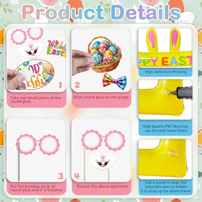 Happy Easter Inflatable Photo Frame & Props Set, 30Pcs Easter Photo Props with Giant Inflatable Picture Frame for Easterday Party Selfie Supplies - color: Easter