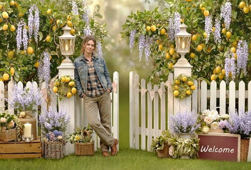 Kate Spring Lemon Tree Backdrop for Photography Purple Floral Garden Background Photo Fabric Props 8x8ft - size: 8x8ft