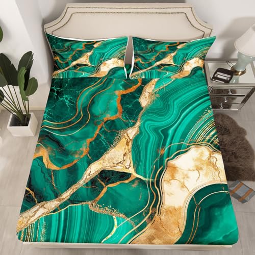 Erosebridal Gold Teal Marble Bed Sheets Set Full, Marbling Crack Print Sheet Set for Boys Man, Abstract Metallic Texture Sheets, Luxury Shinny Room Decor Boho Hippie Fluid Flat Fitted Sheet - color: Multi 25, size: Full