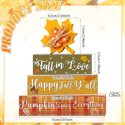Geelin 4 Pcs Thanksgiving Decorations Fall Wooden Sign Maple Leaves Thanksgiving Pumpkin Table Centerpiece Tiered Tray Decor Fall Wood Blocks Tiered Tray Decor Table Top Sign for Home - style: Maple Leaves