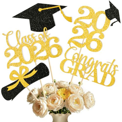 Babycop Graduation Decorations 2026 – 20PCS Graduation Centerpieces for Tables in 5 Black & Gold Designs, Class of 2026 Table Decorations for Grad Party, Photo Props/Flower Arrangement