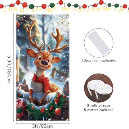 FINGOOO Christmas Door Cover Reindeer Decorations, 6Ft x 3Ft Cute Front Door Xmas Decorations Festive Fabric Door Covers Photo Booth Props
