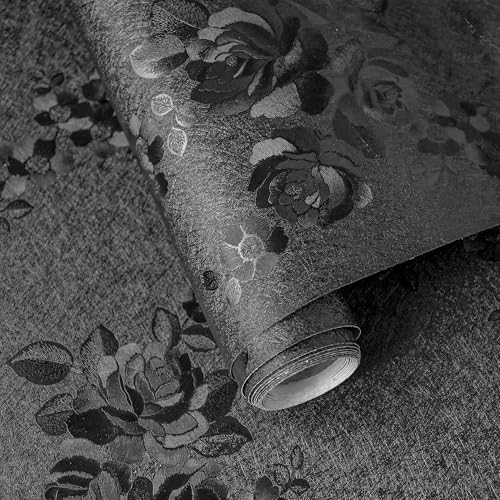 Black Peel and Stick Wallpaper Silk Embossed Floral Contact Paper for Cabinets Drawers Countertops Textured Flower Removable Wallpaper for Kitchen Bathroom Waterproof Thicken 197inL 17.7inW - color: Black, size: 17.7" x 197"