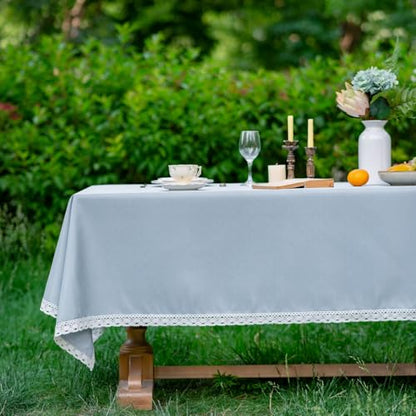 EHouseHome Faux Linen Tablecloth with Lace Trim - Waterproof/Spill Proof/Stain Resistant/Wrinkle Free/Oil Proof - for Banquet, Parties,Dinner,Kitchen,Wedding,Holiday,Blue Fog,Rectangle 60x84Inch - color: Blue Fog, size: 84" x 60" (Rectangular)