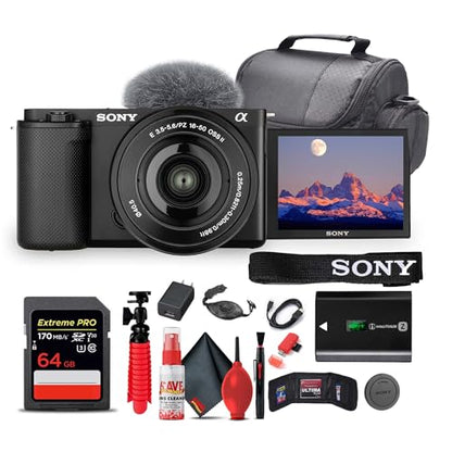 Sony ZV-E10 Mirrorless Camera Kit (Black) with 16-50mm II Power Zoom Lens | 4K Video | Real-Time Autofocus | Creator Camera + 64GB Card + Bag + Card Reader + HDMI Cable + Flex Tripod + More (Renewed)