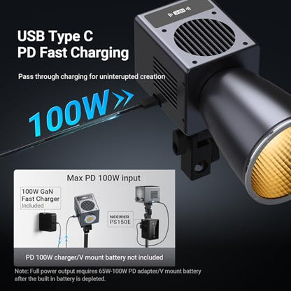 NEEWER 60W Mini LED Video Light with 50Wh Battery/100W PD Fast Charging, APP/2.4G Control/NFC, Bi Color Dimmable COB Studio Continuous Output Lighting 44,800 lux/1m 2700-6500K CRI97+ 12 Scenes, HB60B