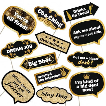 Job Promotion Photo Booth Props – 12 Funny Party Signs for Work Celebrations, Office Party Decorations, Career Success Party Favors