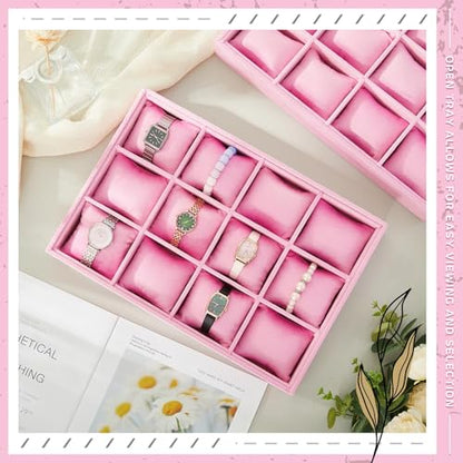 Henoyso 2 Pieces 12 Grid Velvet Watch Tray Jewelry Organizer Stackable Watch Bracelet Bangle Display Holder Adjustable Pillow(Pink) - color: Pink, size: 12 Grid