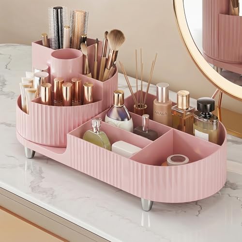 Booklov Rotating Makeup Caddy Organizer for Vanity, Large Capacity Cosmetic Display Case, Countertop Beauty Storage Holder for Skincare, Brush Eyeshadow Lipstick, Counter Desk Organization, Pink - color: Pink, size: L01